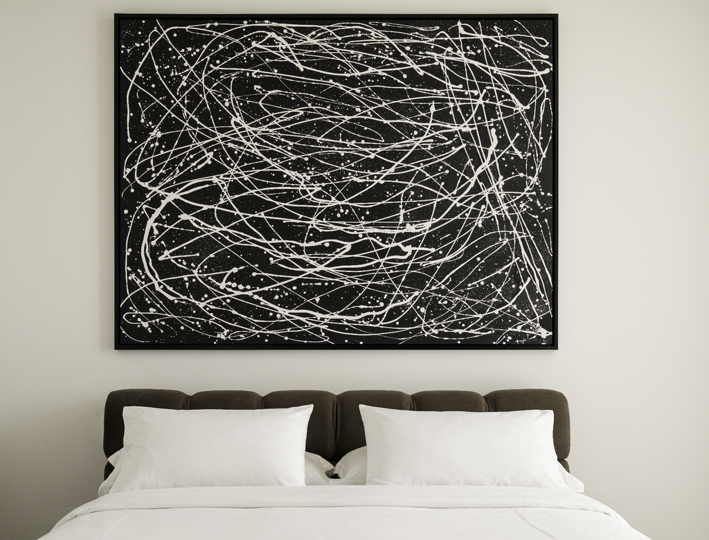White Lines on Black Abstract Painting